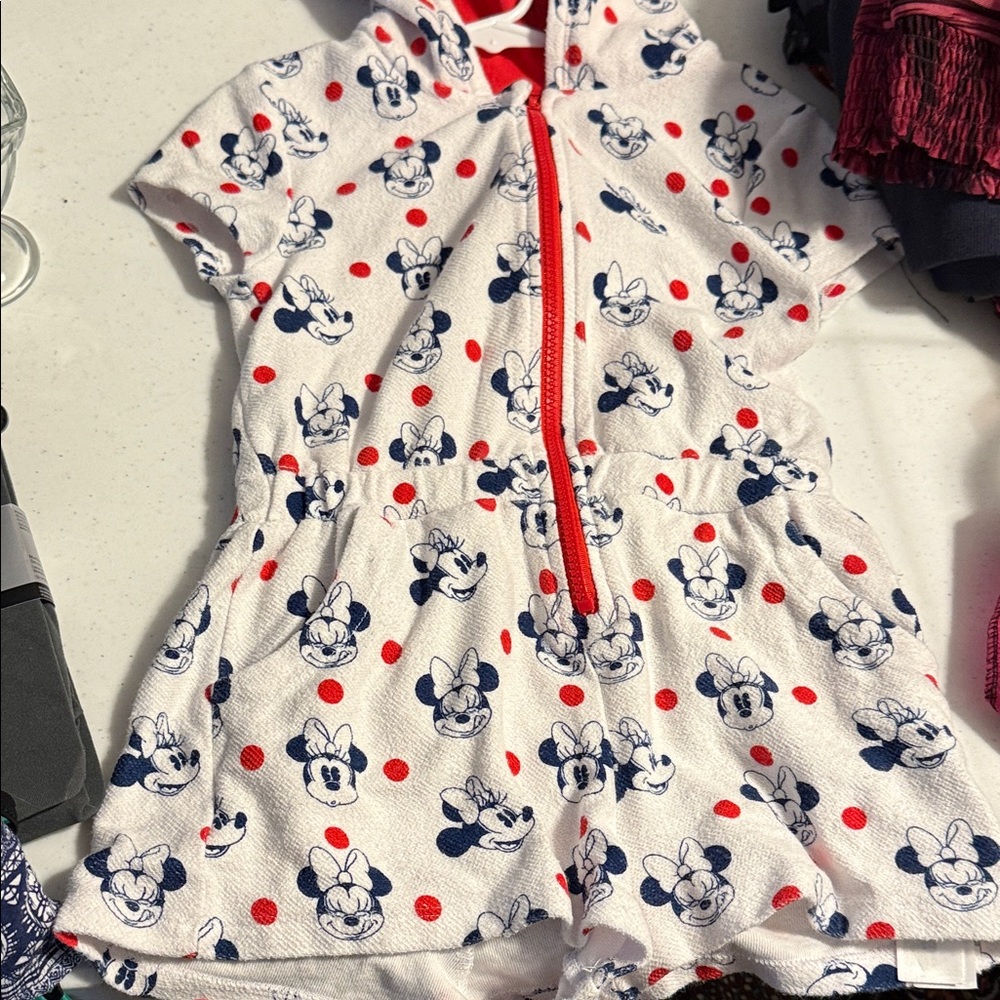Disney Hooded Minnie Mouse One Piece Girls with Minnie ears and bow on hood.
